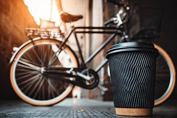 A black disposable coffee cup sits on a patterned ground, next to a vintage bicycle.  Sunlight filters through the background