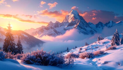 Obraz premium Snowy Mountain Peaks and Valley at Sunrise in Winter