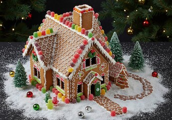 Festive homemade gingerbread house decorated with colorful candy and icing, a sweet Christmas tradition for holiday baking and celebration.