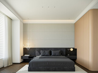 Elegant modern minimalist bedroom interior with a striking black and white color scheme, integrated...