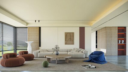 Spacious modern minimalist cream living room interior, featuring plush seating, a round coffee...