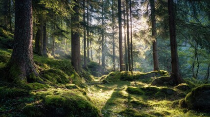 Sunlight streams through a lush forest