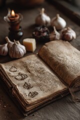 Old recipe book with garlic and cheese on rustic wooden table in warm light