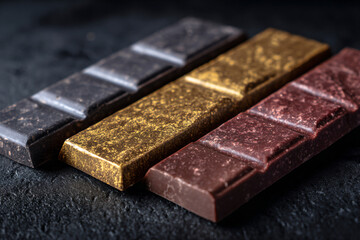 three chocolate bars are lined up on a table