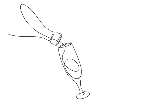 Bottle and glass of Champagne, or wine. Continuous line drawing.