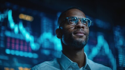 Confident entrepreneur interpreting digital stock market visuals immersed in deep analysis emphasizing the role of data visualization in understanding market dynamics and making informed
