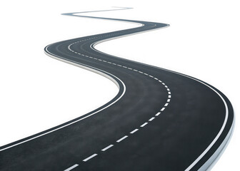 Curving asphalt road with white dashed lines isolated on transparent background. Winding asphalt road journey through white space symbolizing progress and future