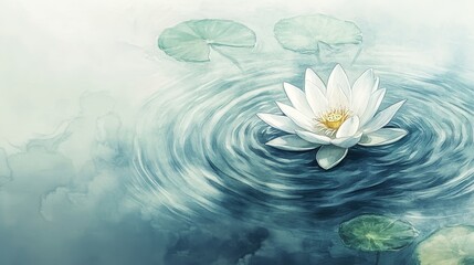 On tranquil water, a serene blue lotus flower floats, creating ripples that serve to enhance its already peaceful ambiance
