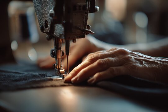 A woman uses an industrial sewing machine with a focus on her hands