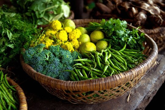 A yellow basket holding green Indian vegetables