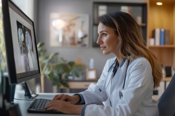 Virtual consultation  experienced female doctor engaging patients through telemedicine in her office