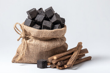 a bag of wood sticks and a bag of charcoal