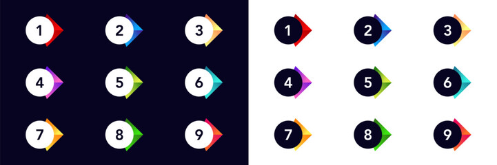 Set of colorful numbered bullet points designed for list markers, step icons, and presentations.
