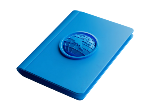 3D Of Blue Passport Book with Globe Icon on Transparent Background