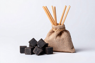 a bag of charcoal sticks and some black cubes