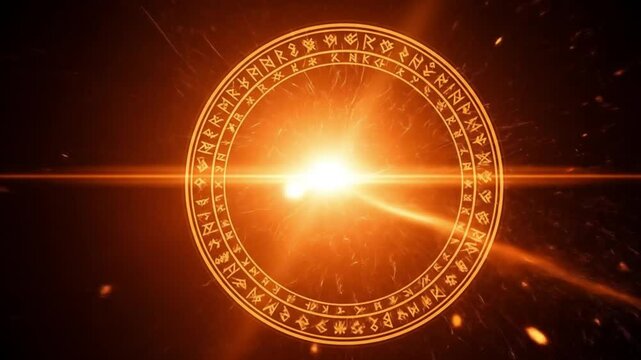 Fiery circular rune symbol glowing intensely. Radiates energy. Suitable for mystical, esoteric, magical, and fantasythemed designs and concepts.