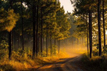 Fototapeta premium Tranquil forest pathway bathed in golden morning light