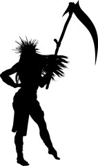 Fantasy female warrior silhouette in motion with long, flowing hair, spiked crown. The pose captures grace, strength, and energy, perfect for fantasy or combat themed design elements.
