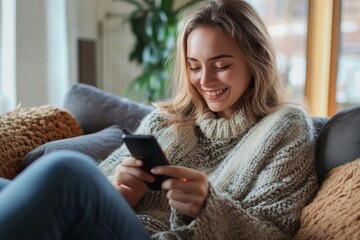 Joyful young woman enjoying leisure time at home while using her smartphone for relaxation