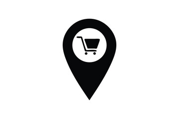 Modern minimalist black shopping cart location pin icon graphic;  clean, simple, and professional design ideal for e-commerce websites, mobile apps, and marketing materials showcasing online retail an