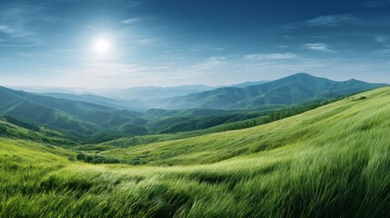 Naklejka premium Lush green mountain valley under a vibrant blue sky