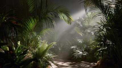 realistic product photo in jungle setting with soft light and high detail