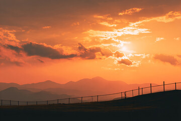 a lone horse is standing on a hill at sunset