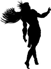 Fantasy female warrior silhouette in motion with long, flowing hair, spiked crown. The pose captures grace, strength, and energy, perfect for fantasy or combat themed design elements.