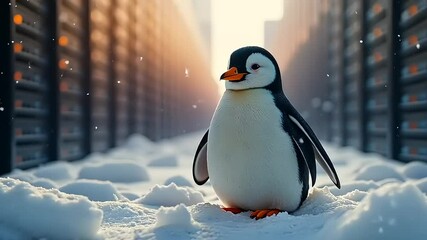 Penguins in the Snow Data Center Wonderland: A Surreal Tech Landscape Adventure - Powered by Adobe