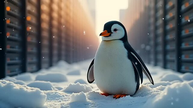 Penguins in the Snow Data Center Wonderland: A Surreal Tech Landscape Adventure