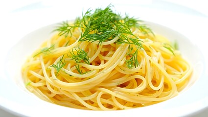A plate of spaghetti topped with fresh green dill on a white surface in a well lit environment