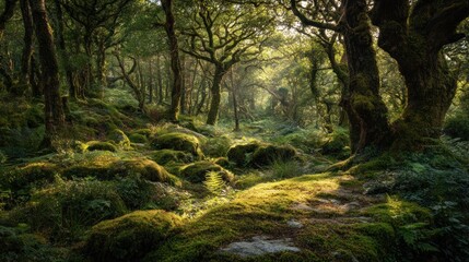 Obraz premium Sunlight filters through ancient woodland, illuminating mossy rocks and ferns