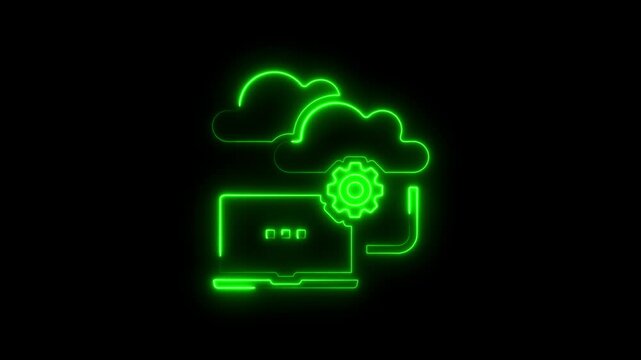 Animated green neon cloud computing technology with laptop and gear icon