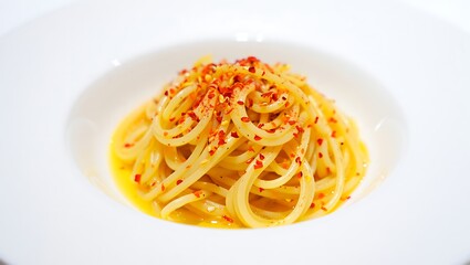 Spaghetti aglio e olio served in a white bowl with red pepper flakes on a white background close up shot