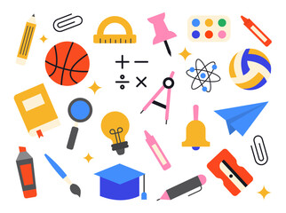 set of colourful icons of school and education supplies. stationery office supply. back to school vector collection	