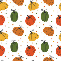 Seamless Autumn Pumpkin Pattern in Orange, Yellow, and Green
