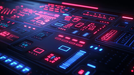 Futuristic digital control panel with glowing neon blue and red interface, technology concept