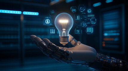 Robotic hand holding illuminated light bulb, futuristic technology innovation concept