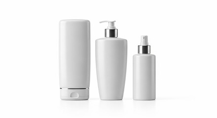 Minimalist White Cosmetic Bottles with Silver Accents on White Background