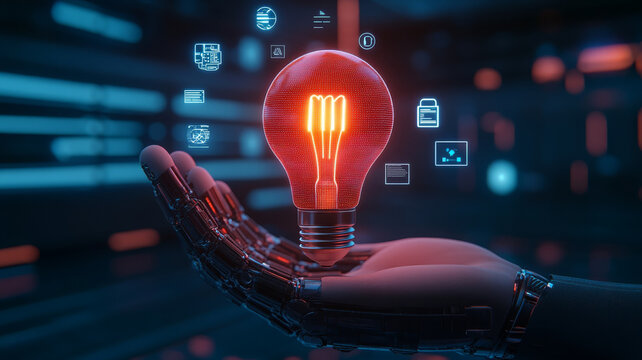 Futuristic robot hand holding glowing red light bulb, innovation and technology concept