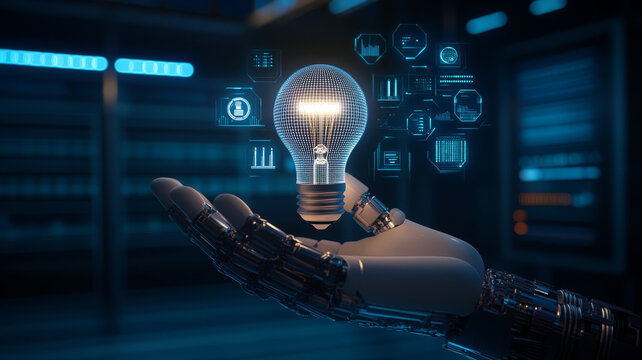 Robotic hand holding illuminated light bulb, futuristic technology innovation concept