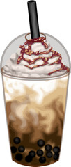 Iced coffee bubble tea featuring chewy tapioca pearls, thick straw, and rich caramel drizzle  ideal for menus, packaging, or lifestyle visuals