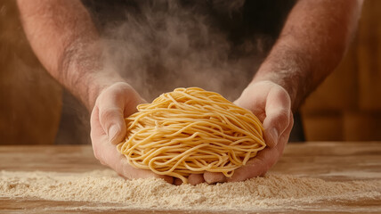 Fresh pasta chef hands flour wooden table steam cooking Italian cuisine homemade