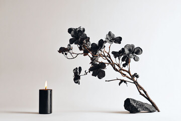 a candle and a plant on a table