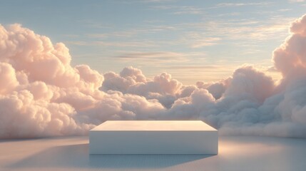 Empty white cube podium on a cloud background