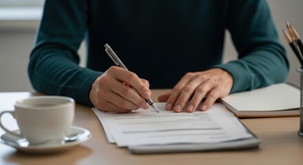 Young caucasian male signing documents in office setting with coffee and notebook nearby