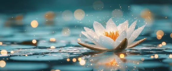Poster On a peaceful teal-toned background, a serene white lotus floats on calm water, its center aglow with soft light, magical sparkling particles dispersing around it, as reflective ripples spread,