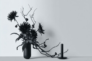 a vase with flowers and a candle on a table