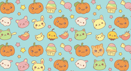 Cute kawaii cartoon pattern featuring pumpkins, bunnies, cats, and cupcakes on a light blue background with stars.