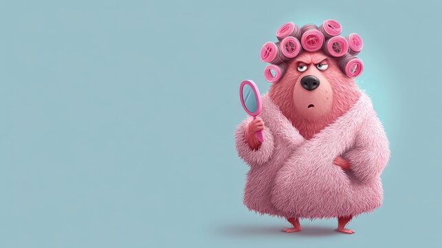 Angry cartoon bear in a pink robe with curlers holding a mirror in a fun setting